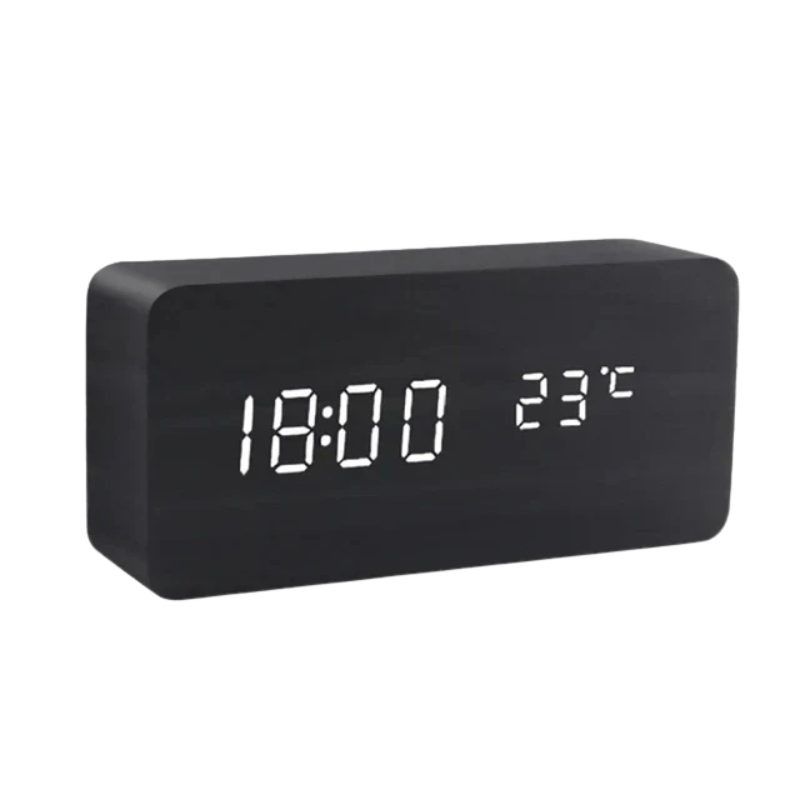 Sound-Activated Digital Alarm Clock with LED Display Wood Finish for Bedroom Office Nightstand Battery or USB Powered Adjustable Brightness