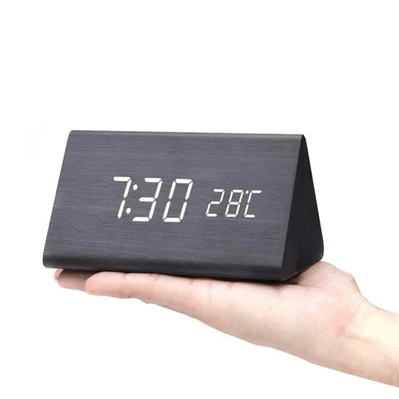 Sound-Activated Digital Alarm Clock with LED Display Wood Finish for Bedroom Office Nightstand Battery or USB Powered Adjustable Brightness
