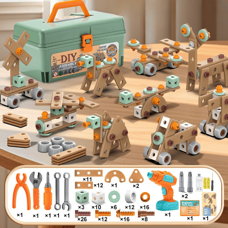 Kids Construction Toy Workshop with Realistic Power Tools 198-Piece STEM Building Set ABS Plastic Pretend Play Drill Screwdriver for Boys Gi