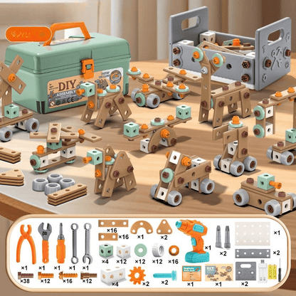 Kids Construction Toy Workshop with Realistic Power Tools 198-Piece STEM Building Set ABS Plastic Pretend Play Drill Screwdriver for Boys Gi