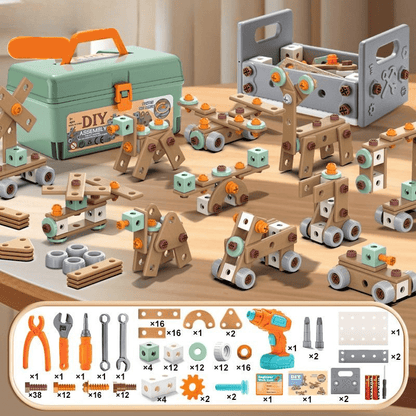 Kids Construction Toy Workshop with Realistic Power Tools 198-Piece STEM Building Set ABS Plastic Pretend Play Drill Screwdriver for Boys Gi