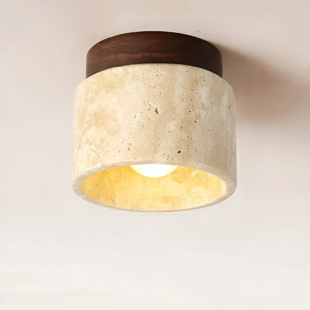 Flush Mount Ceiling Light with Natural Stone & Wood Finish – Japanese Minimalist Design for Bedroom Living Room Entryway