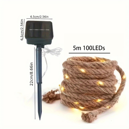 Solar LED String Lights 16 ft Hemp Rope 100 Bulbs 8-Color Modes Outdoor Garden Patio Deck Waterproof Auto On/Off for Backyard Party Wedding