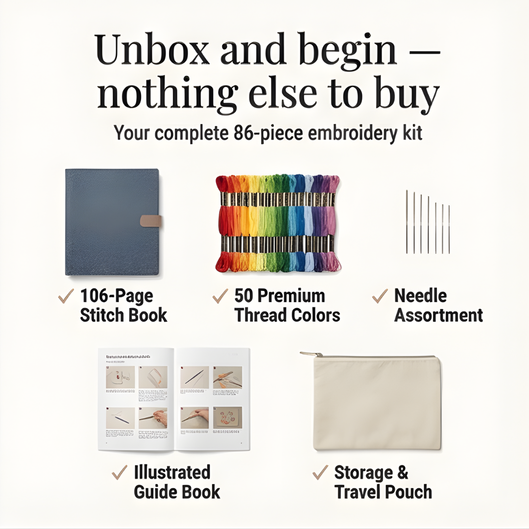 Removable-Page Needlework Learning Kit with 106 Techniques on Linen Sheets & 86-Piece Tool Set for Beginners