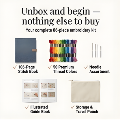 Removable-Page Needlework Learning Kit with 106 Techniques on Linen Sheets & 86-Piece Tool Set for Beginners
