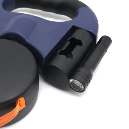 Dual Retractable Dog Leash with LED Flashlight & Waste Bag Holder for Two Dogs Up to 26 lb Each