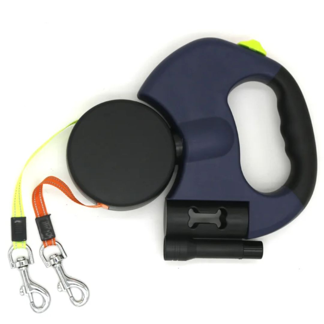 Dual Retractable Dog Leash with LED Flashlight & Waste Bag Holder for Two Dogs Up to 26 lb Each