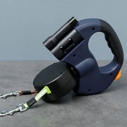 Dual Retractable Dog Leash with LED Flashlight & Waste Bag Holder for Two Dogs Up to 26 lb Each