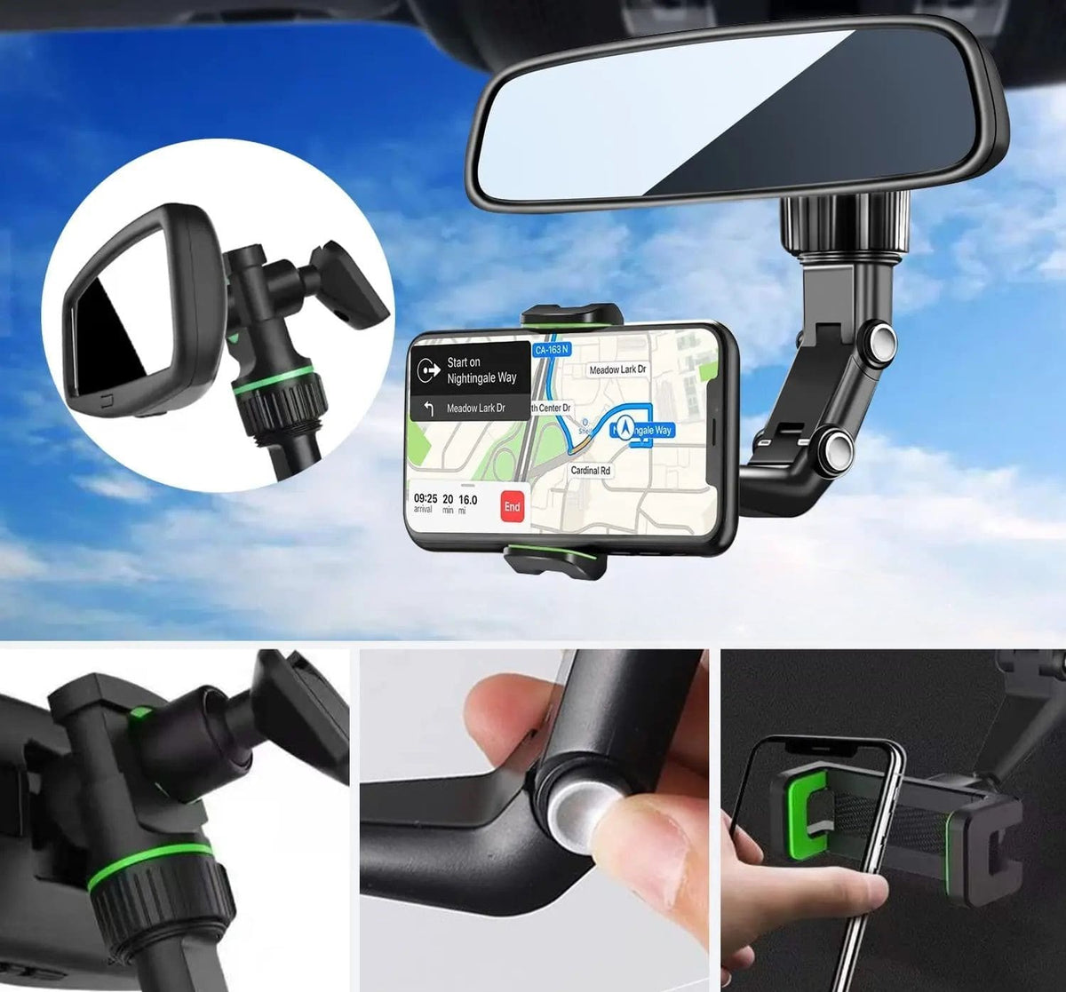 Clip-On Car Mirror Mount for Smartphone GPS Navigation Universal Adjustable Cell Phone Cradle 360° Swivel Dashboard Accessory