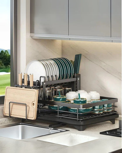 Carbon Steel Dish Drying Rack with 360° Rotating Drain Spout – Multi-Tier Kitchen Organizer for Countertop