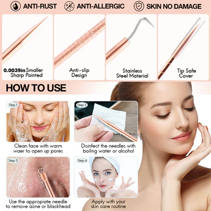 Cuidado esencial de la piel | Kit de herramientas extractoras de granos con acero inoxidable seguro | Eliminación profesional de puntos negros para un cutis limpio