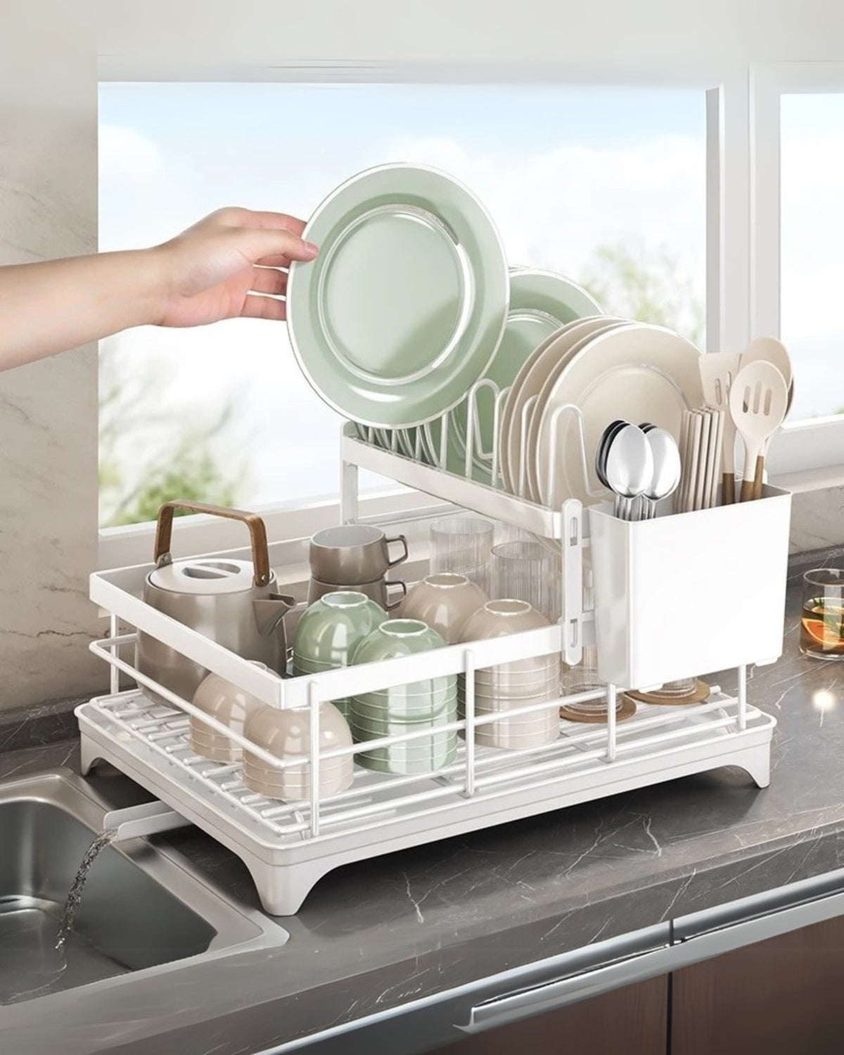 Carbon Steel Dish Drying Rack with 360° Rotating Drain Spout – Multi-Tier Kitchen Organizer for Countertop