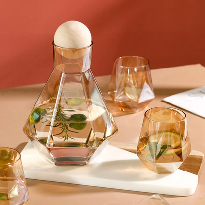 Geometric Glass Pitcher and Tumbler Set for Cocktails, Water & Juice – 5-Piece Beverage Serving Collection with Wooden Stopper