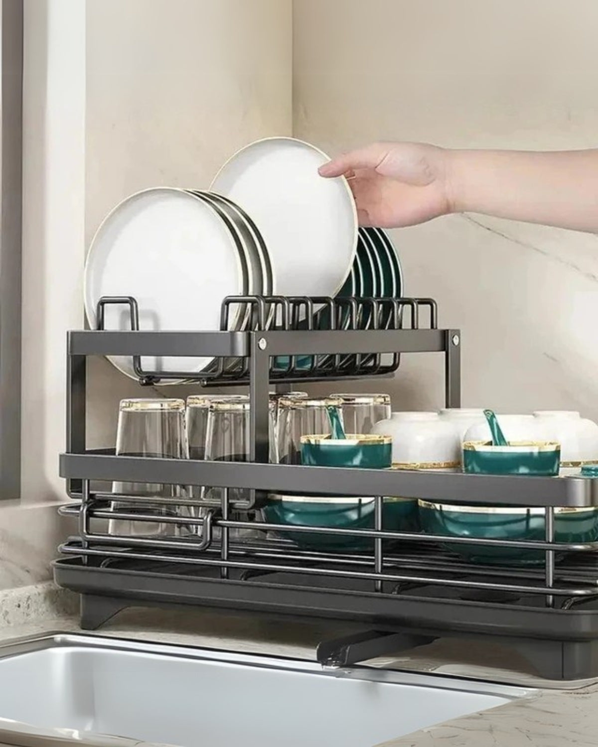 Carbon Steel Dish Drying Rack with 360° Rotating Drain Spout – Multi-Tier Kitchen Organizer for Countertop