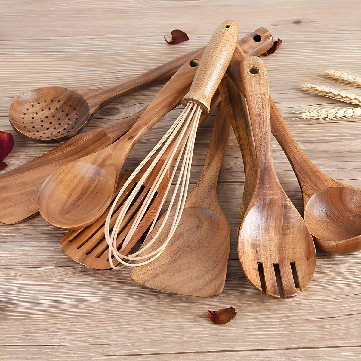 11-Piece Wooden Cooking Utensil Set with Holder Natural Teak Wood Spoons Spatulas for Nonstick Pans Kitchen Tools Organizer