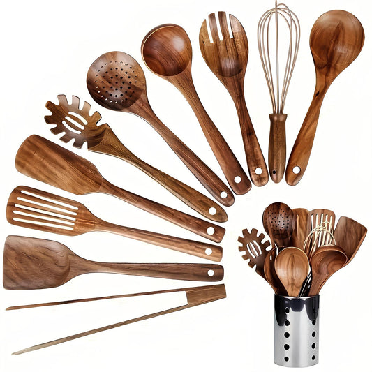 Juego de 11 utensilios de cocina de madera con soporte organizador, espátula, cuchara y cucharón de teca, herramientas de cocina para utensilios antiadherentes y almacenamiento en encimera