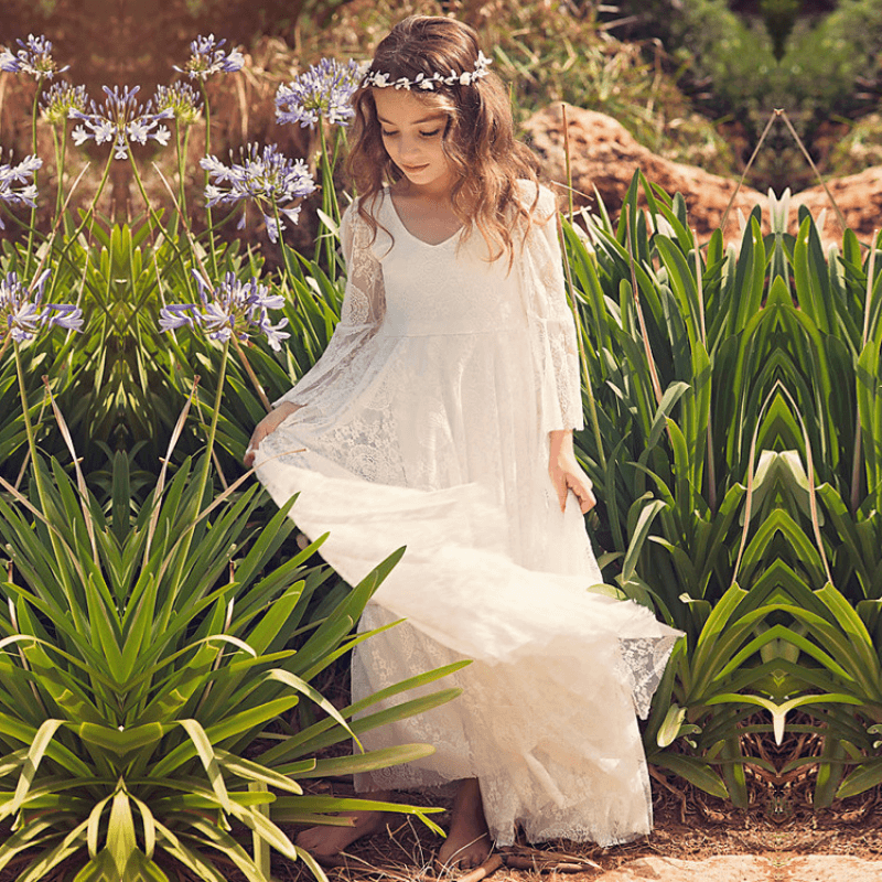 Girls White Lace Communion Dress with Bohemian Details for First Communion Ceremonies and Special Occasions