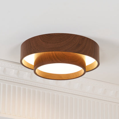 Round Flush Mount LED Ceiling Light Fixture Wood Grain Metal 16 in Diameter for Bedroom Living Room Kitchen Office Low Profile Modern Overhe