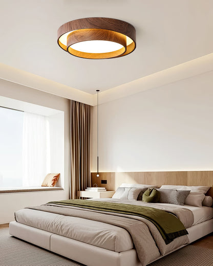 Round Flush Mount LED Ceiling Light Fixture Wood Grain Metal 16 in Diameter for Bedroom Living Room Kitchen Office Low Profile Modern Overhe