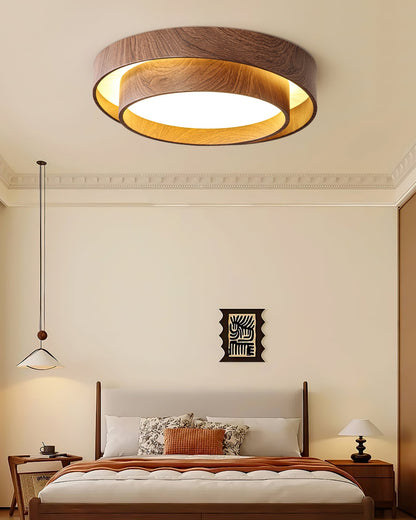 Round Flush Mount LED Ceiling Light Fixture Wood Grain Metal 16 in Diameter for Bedroom Living Room Kitchen Office Low Profile Modern Overhe