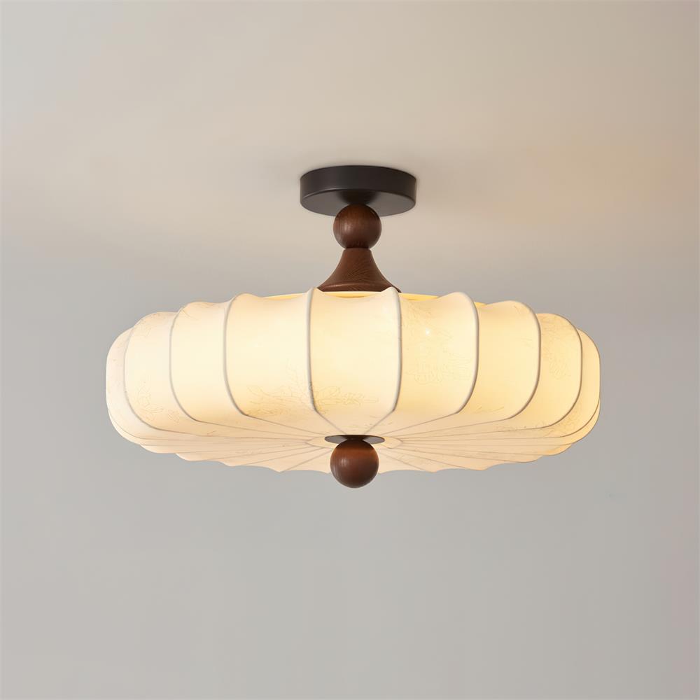 Flush Mount Wood Ceiling Light with Scalloped Fabric Shade 18×12 in LED Fixture for Dining Room Bedroom Entryway Black Walnut Finish Modern