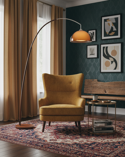 Arc Floor Lamp 65 Inch Adjustable Height Metal Amber Dome Shade Reading Light Over Couch Corner Seating Mid-Century Modern E26 Base Foot Swi