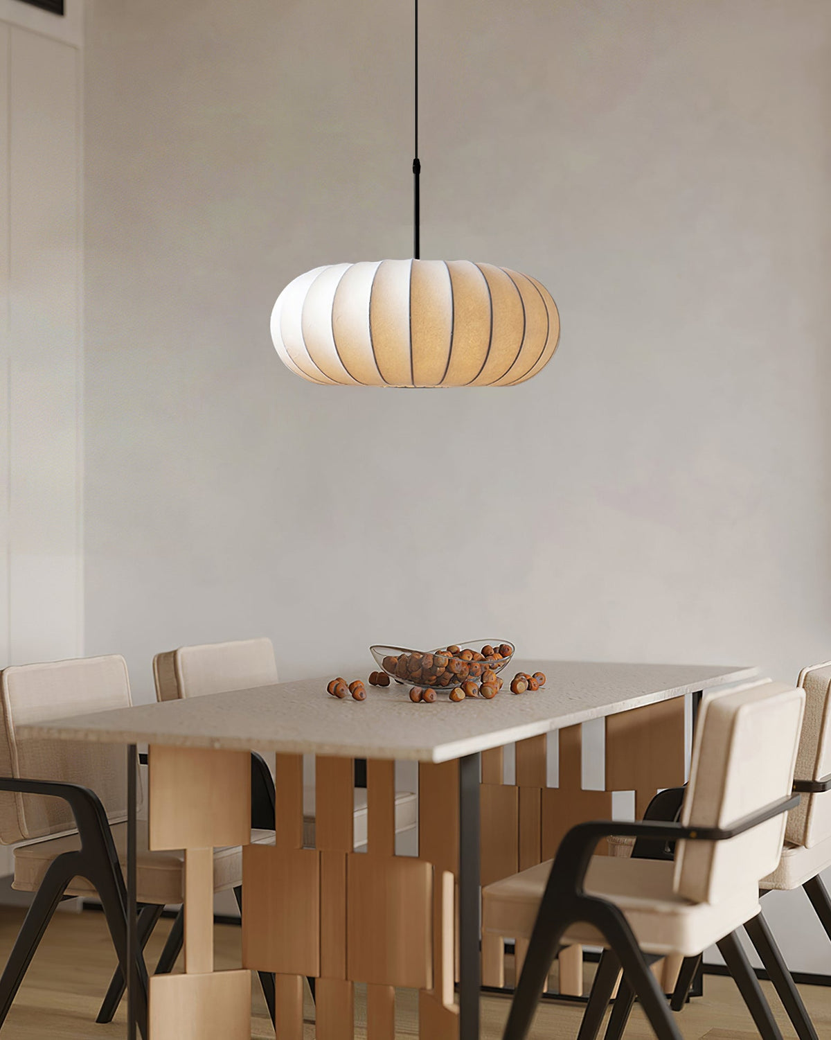 Fabric Drum Shade Hanging Lamp 20-Inch Diameter Height-Adjustable Drop Light for Dining Table Kitchen Counter Island White Black Finish Mode