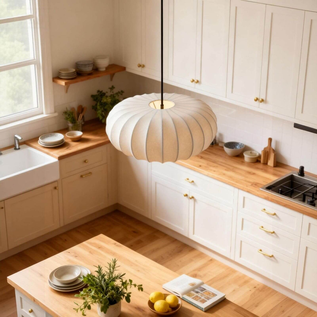 Lámpara de techo de seda colgante con forma orgánica para comedores y salas de estar – Compatible con LED regulable en tamaños de 12, 16 o 20 pulgadas