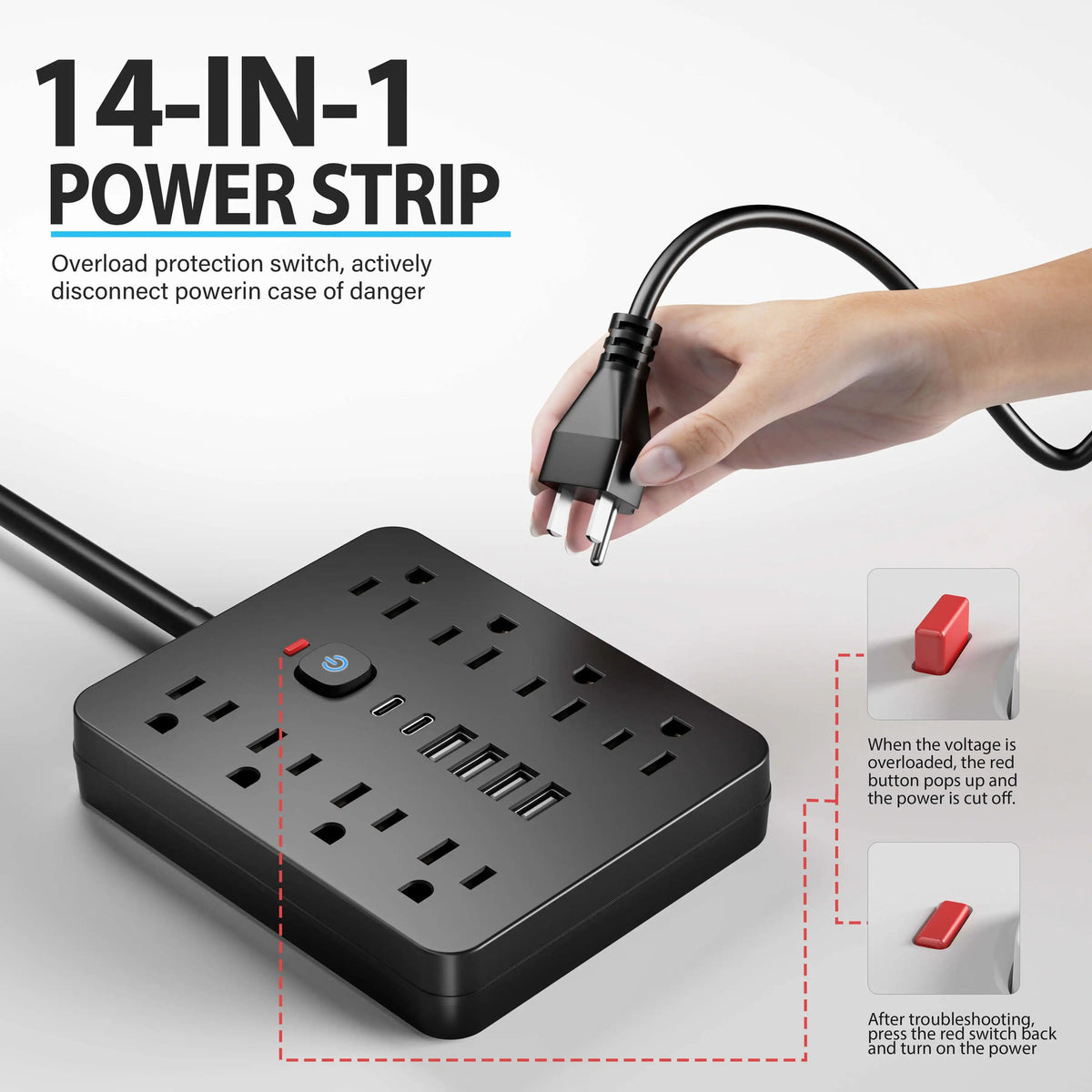 Versatile Power Hub | Surge Protector Power Strip with 8 AC Outlets & 4 USB Ports | Compact Charging Solution for Home and Office