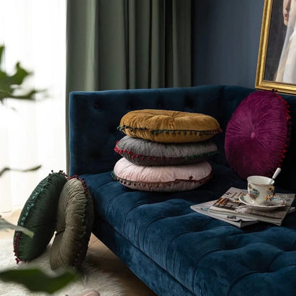 Vesper Round Cushion - Vintage Quilted Velvet, Decorative Pom-Pom Trim
