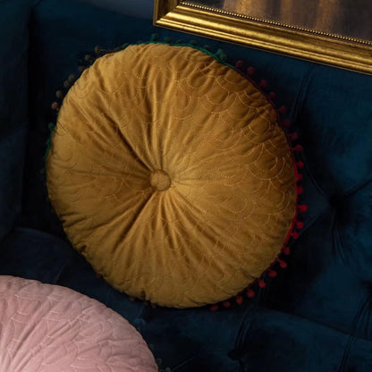 Vesper Round Cushion - Vintage Quilted Velvet, Decorative Pom-Pom Trim