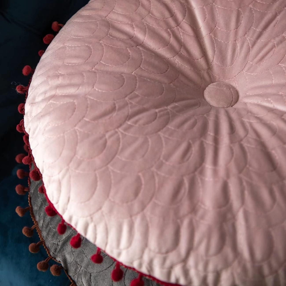 Vesper Round Cushion - Vintage Quilted Velvet, Decorative Pom-Pom Trim
