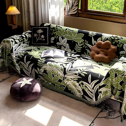 Vibrant Chenille Sofa Cover - Soft Fabric, Jungle Style with Tassels