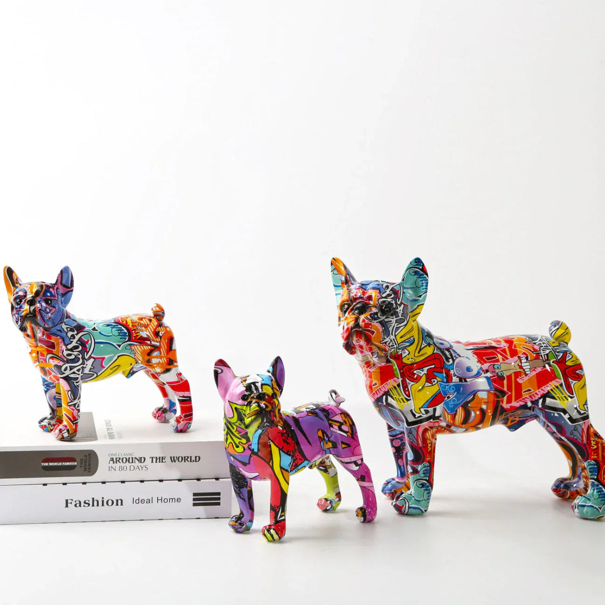 Graffiti vibrante | Estatua de bulldog francés con diseño único | Escultura artística de perro para decoración del hogar