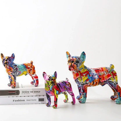 Graffiti vibrante | Estatua de bulldog francés con diseño único | Escultura artística de perro para decoración del hogar