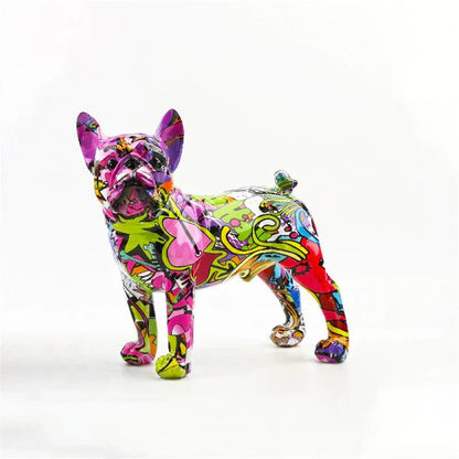 Graffiti vibrante | Estatua de bulldog francés con diseño único | Escultura artística de perro para decoración del hogar