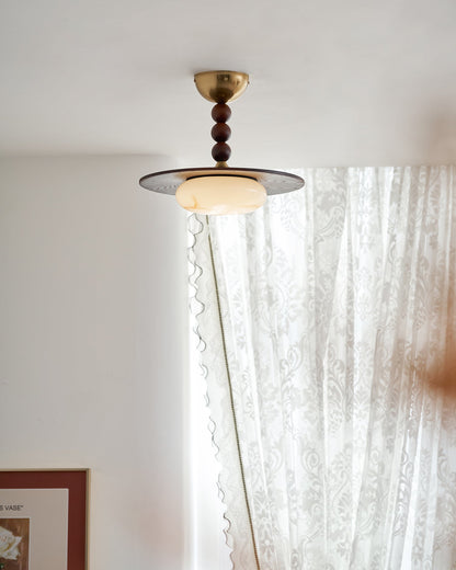 Wood and Alabaster Flush-Mount LED Ceiling Light 14 in Diameter, 36W 3000K for Kitchen Dining Room Bedroom