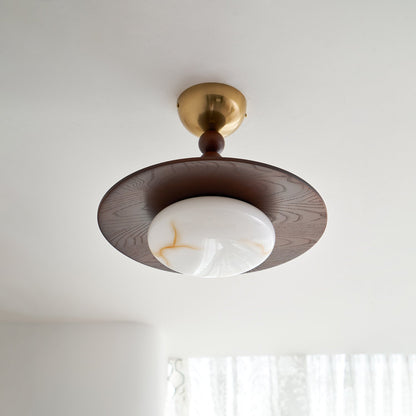 Wood and Alabaster Flush-Mount LED Ceiling Light 14 in Diameter, 36W 3000K for Kitchen Dining Room Bedroom