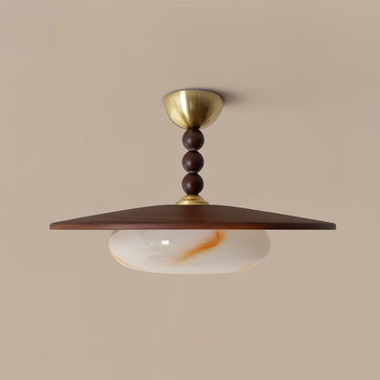 Wood and Alabaster Flush-Mount LED Ceiling Light 14 in Diameter, 36W 3000K for Kitchen Dining Room Bedroom