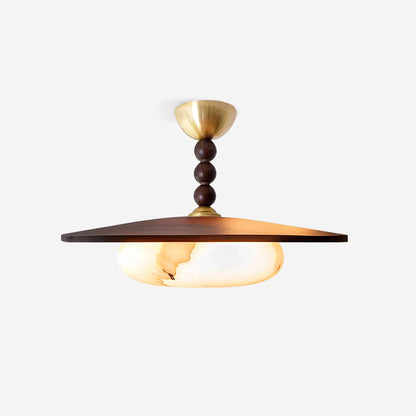 Wood and Alabaster Flush-Mount LED Ceiling Light 14 in Diameter, 36W 3000K for Kitchen Dining Room Bedroom
