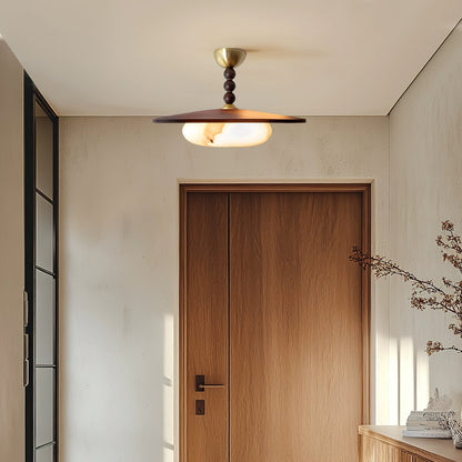 Wood and Alabaster Flush-Mount LED Ceiling Light 14 in Diameter, 36W 3000K for Kitchen Dining Room Bedroom