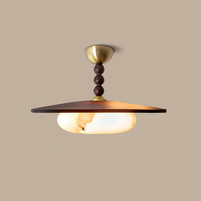 Wood and Alabaster Flush-Mount LED Ceiling Light 14 in Diameter, 36W 3000K for Kitchen Dining Room Bedroom