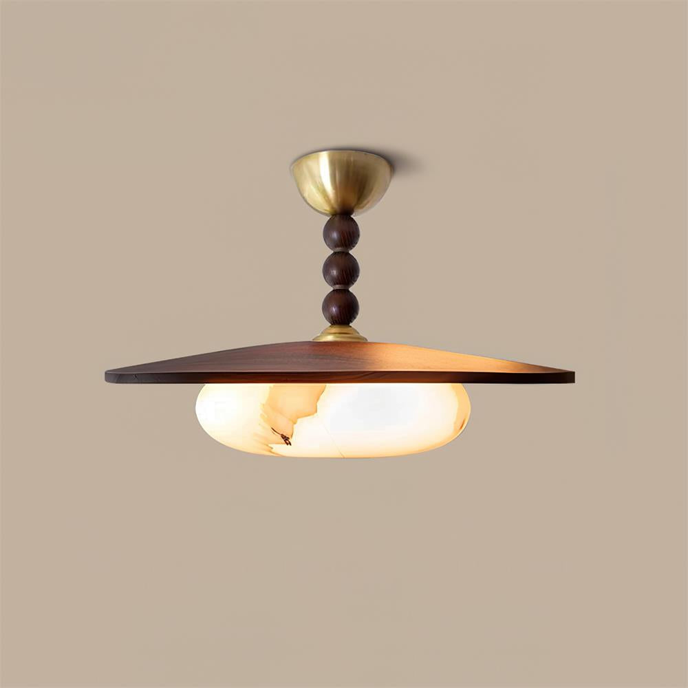 Wood and Alabaster Flush-Mount LED Ceiling Light 14 in Diameter, 36W 3000K for Kitchen Dining Room Bedroom