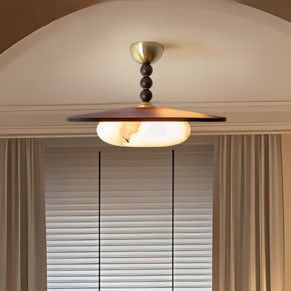 Wood and Alabaster Flush-Mount LED Ceiling Light 14 in Diameter, 36W 3000K for Kitchen Dining Room Bedroom