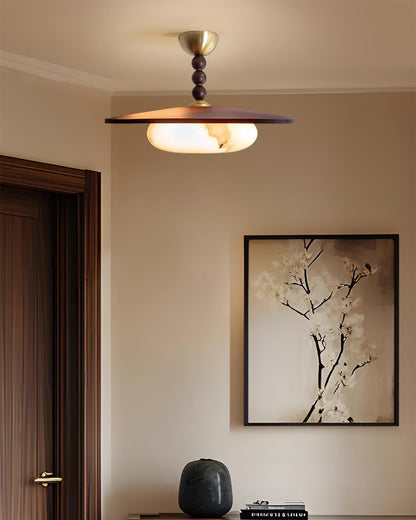 Wood and Alabaster Flush-Mount LED Ceiling Light 14 in Diameter, 36W 3000K for Kitchen Dining Room Bedroom