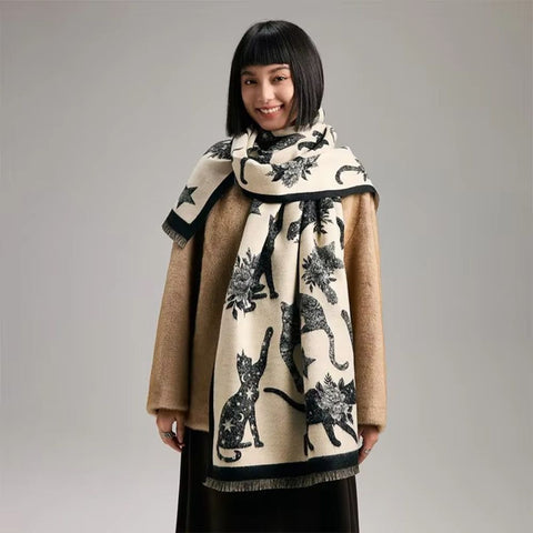 Viora Cat Print Scarf - Soft Microfiber, Vintage-Inspired Warmth