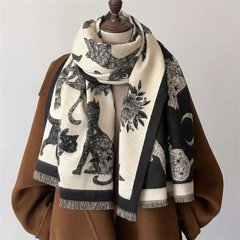 Viora Cat Print Scarf - Soft Microfiber, Vintage-Inspired Warmth