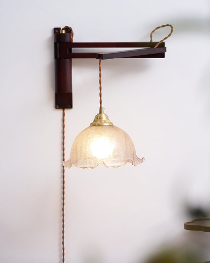 Swing-Arm Sconce with Wood & Brass Construction – Adjustable Directional Lighting for Bedroom, Reading Nook, Hallway – Multiple Shade Styles
