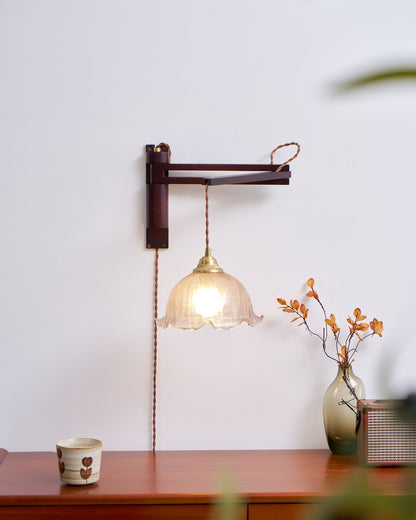 Swing-Arm Sconce with Wood & Brass Construction – Adjustable Directional Lighting for Bedroom, Reading Nook, Hallway – Multiple Shade Styles