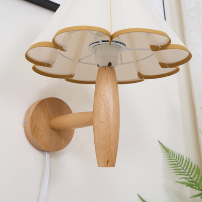 Plug-In Sconce with Fluted Fabric Shade 10 in Diameter Wood Frame for Bedroom Living Room Hallway Reading Nook Vintage Inspired Accent Light